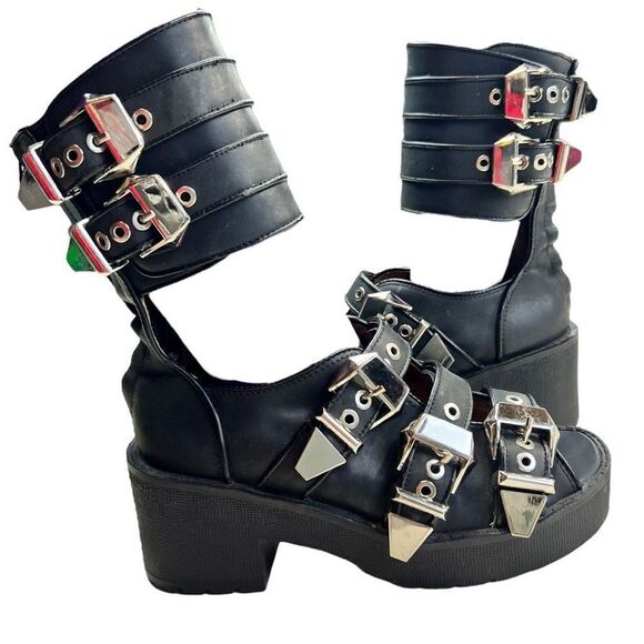 Jeffery Campbell Women's Leather Upper Black Buckle Gladiator Y2K Goth 6M Chunky - Picture 2 of 7